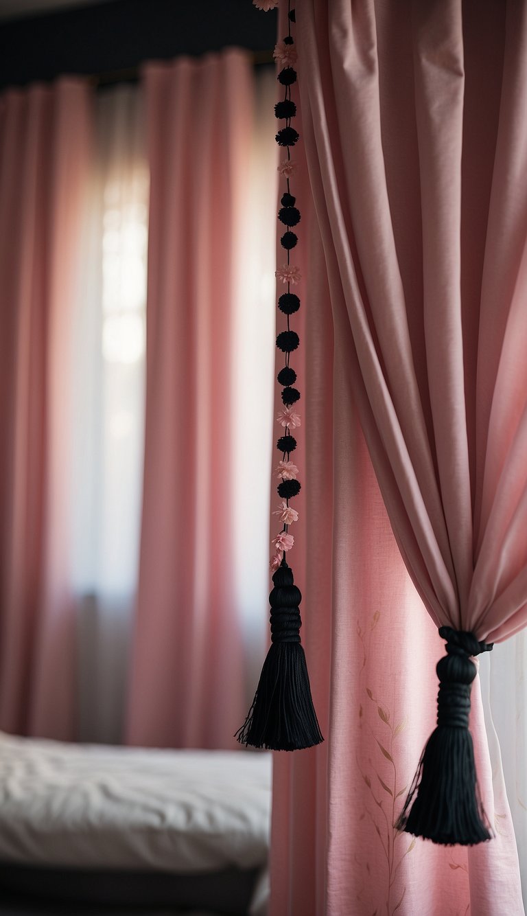 Pink floral curtains with black tassels hang in a pink and black bedroom