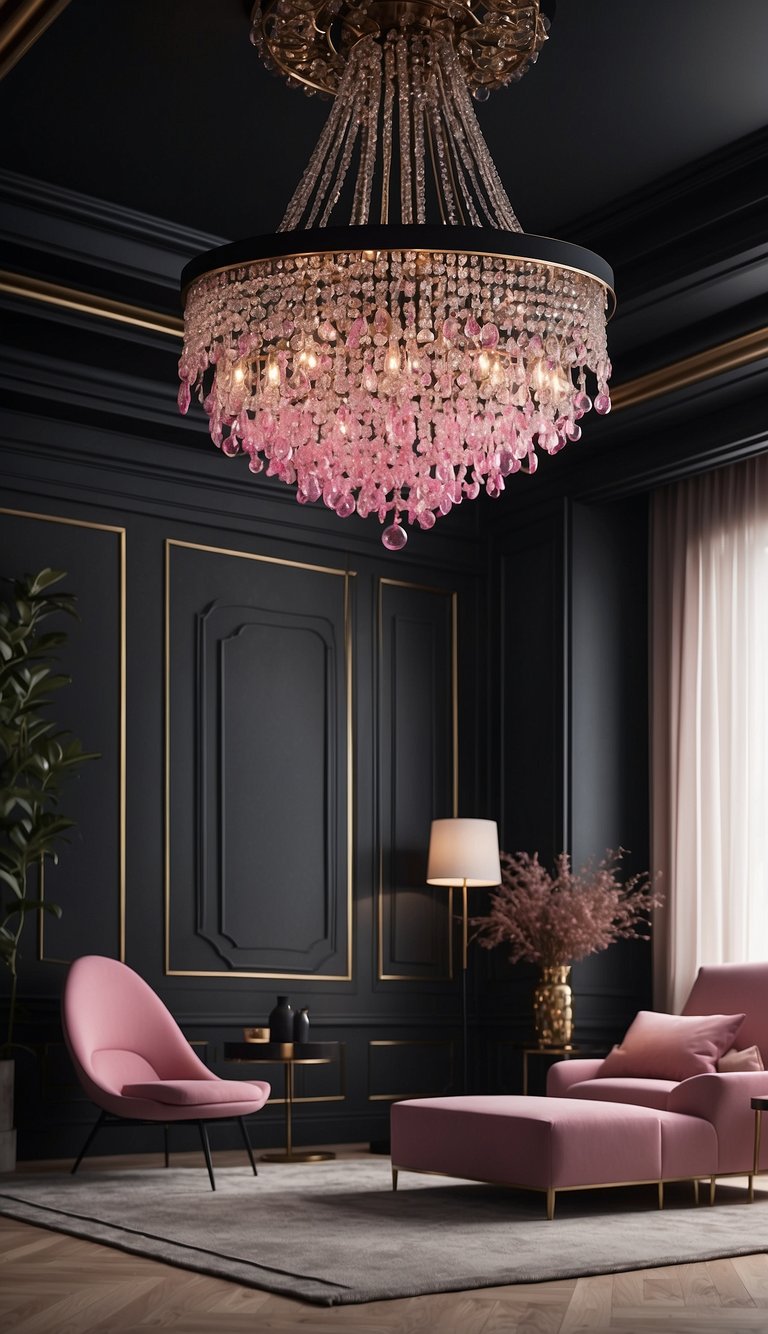 A black ceiling adorned with pink chandeliers illuminates a stylish bedroom. The room features a bold color scheme of black and pink, creating a modern and elegant atmosphere