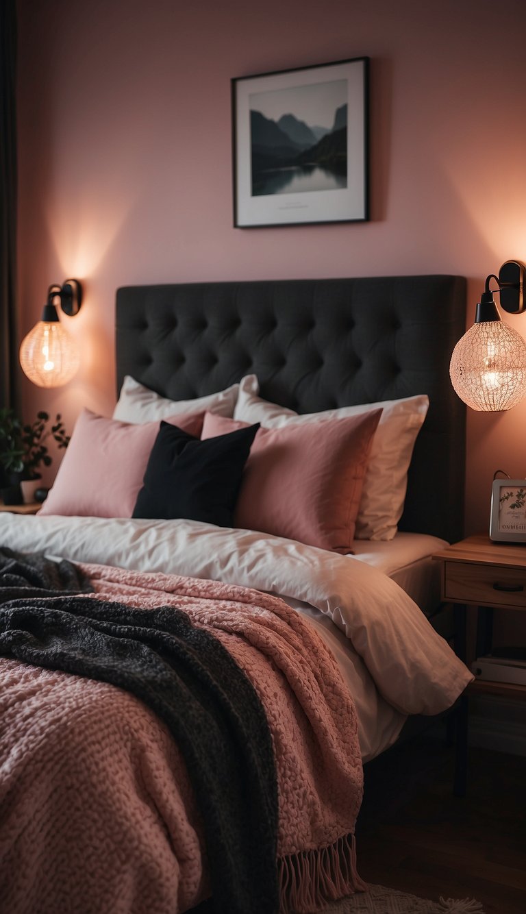 A cozy bedroom with vintage pink and black lamps casting a warm glow, creating a soothing and stylish atmosphere