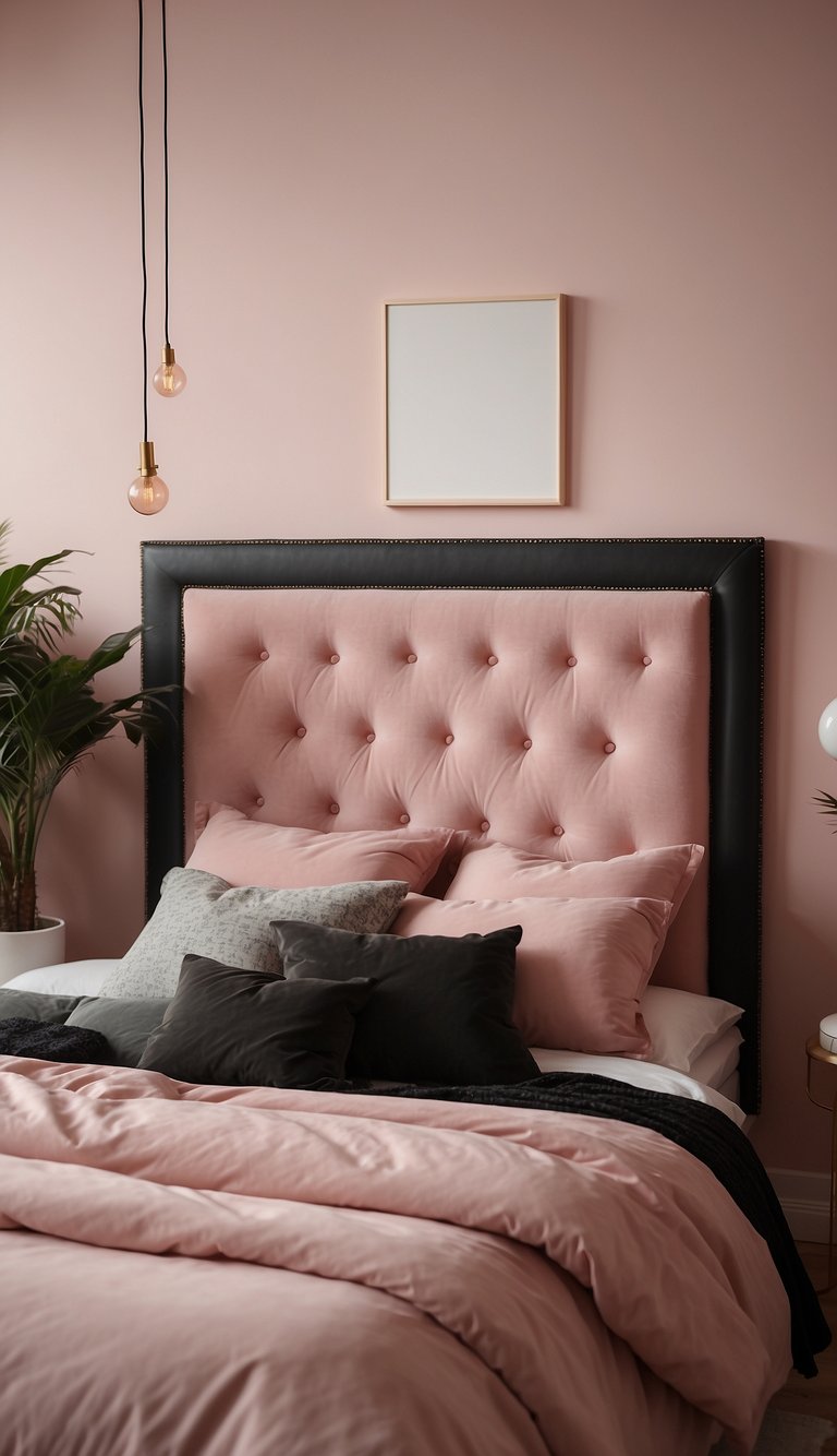 A pink headboard with black accents stands against a pale pink wall, surrounded by matching pink and black decor