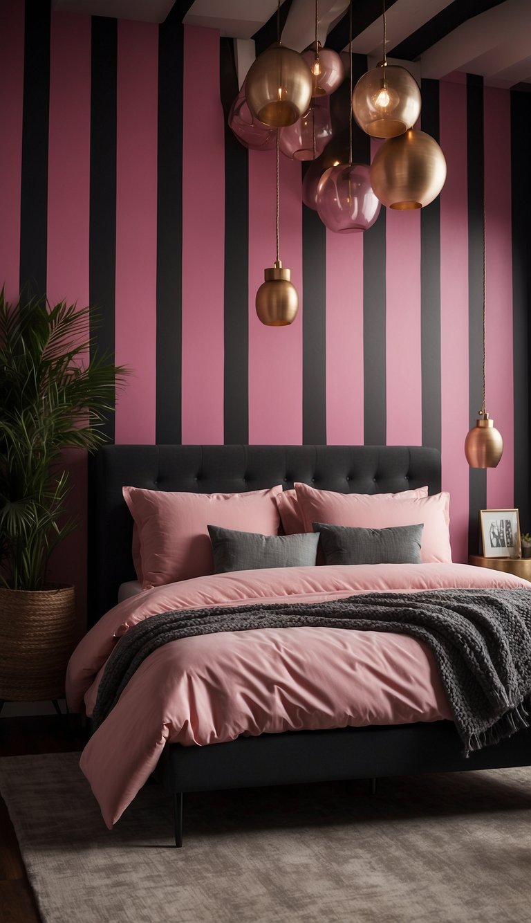 A bold black and pink striped accent wall dominates the room, creating a striking focal point. The vibrant colors add a modern and edgy touch to the bedroom decor