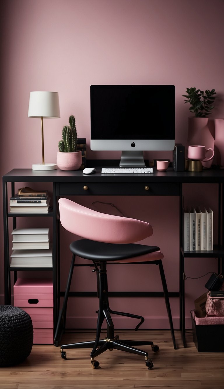 A sleek black desk with a pink chair, a minimalist lamp, and a few decorative items