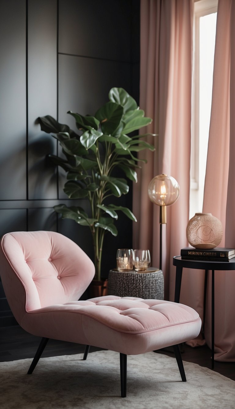 A pink lounge chair with black legs sits in a cozy bedroom, surrounded by pink and black decor. The room exudes a modern and stylish ambiance