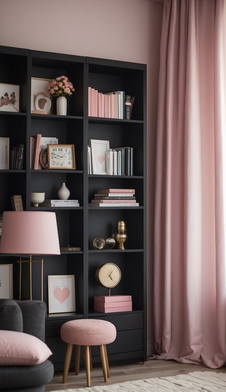 Black bookshelves adorned with pink decor in a cozy bedroom setting