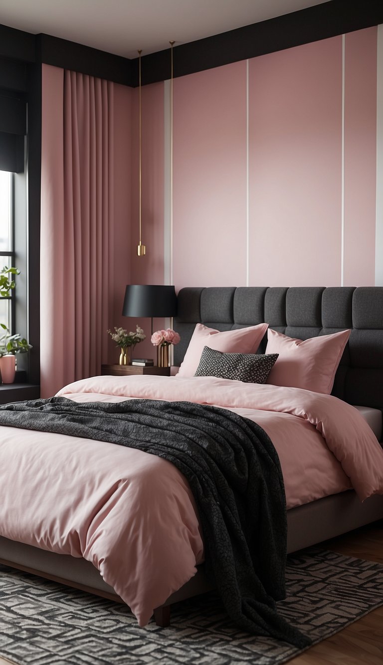 A bedroom with pink and black geometric wall patterns