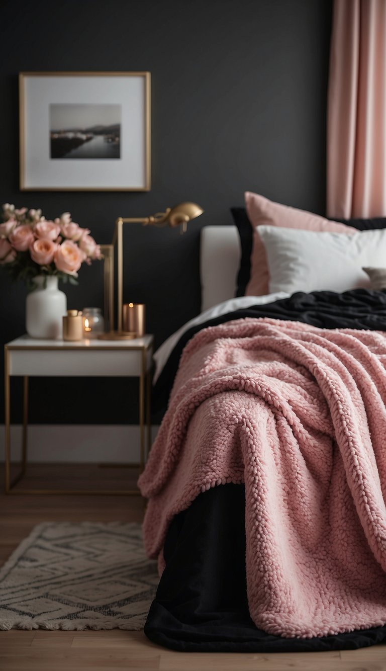 A cozy pink and black throw blanket draped over a bed in a stylish bedroom