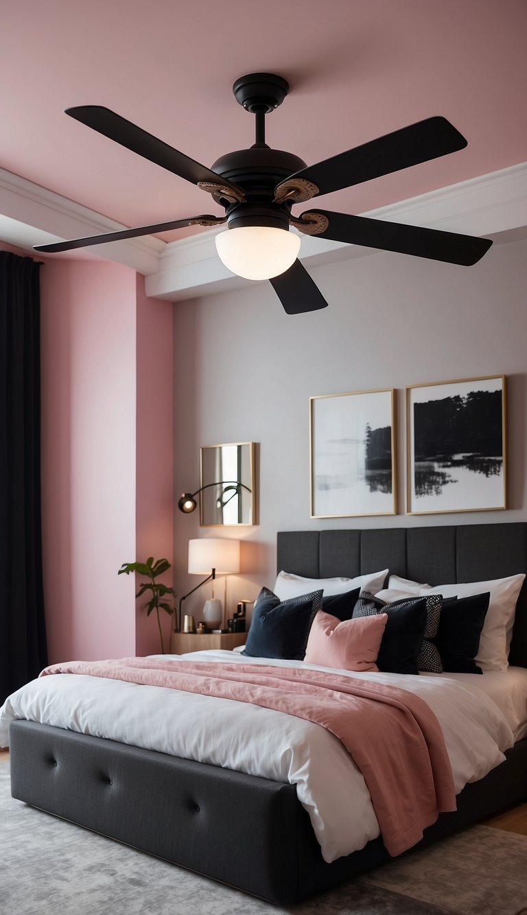 A black and pink stylish ceiling fan hangs in a modern bedroom with pink and black decor