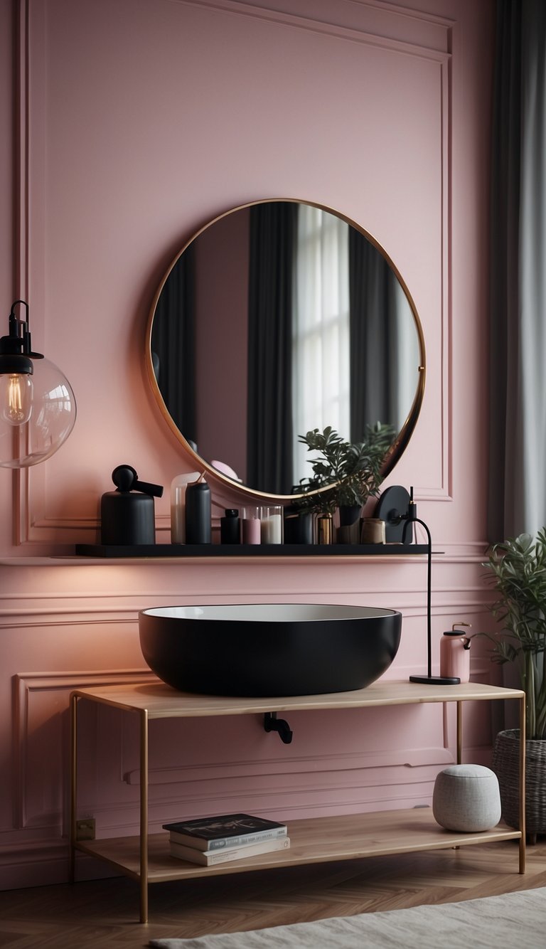 A pink mirror with a black frame hangs on the wall in a stylish bedroom adorned with pink and black decor