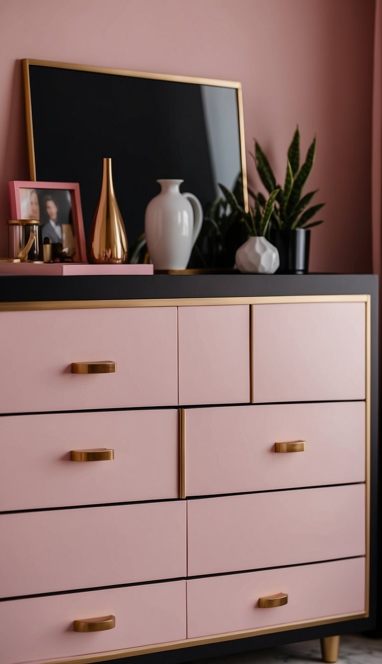 A black dresser with pink handles sits against a pink and black backdrop, adding a pop of color to the bedroom