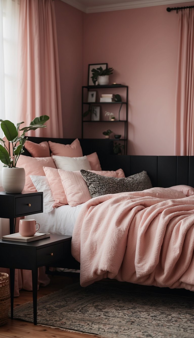 A cozy bedroom with pink walls, black furniture, and pops of white. A soft pink rug and curtains add warmth to the room