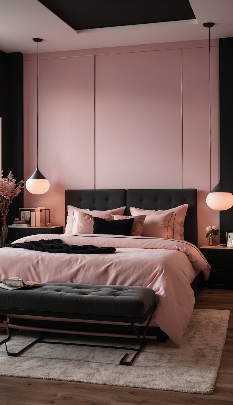 A cozy bedroom with pink and black decor. Pink walls, black furniture, and accents. Soft lighting creates a warm and inviting atmosphere