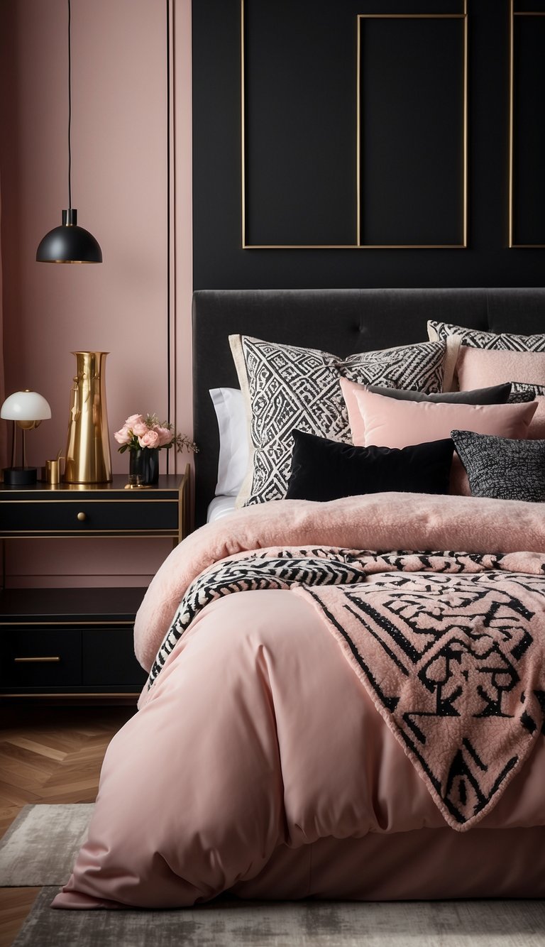 A cozy pink and black bedroom with geometric patterns on the walls and plush textures on the bedding and throw pillows