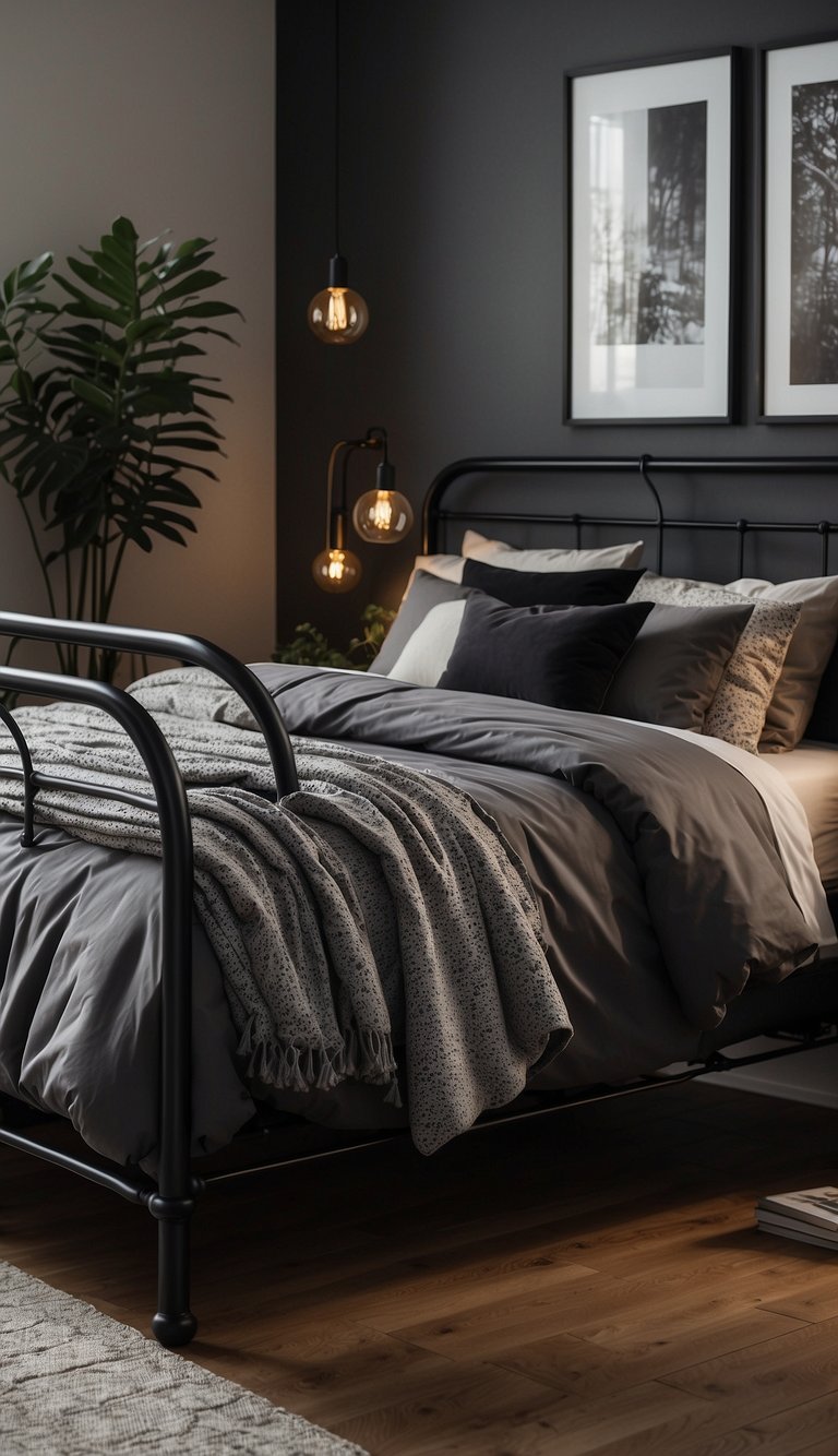 A vintage iron bed frame with built-in storage sits in a cozy bedroom, surrounded by 23 black-themed decor ideas