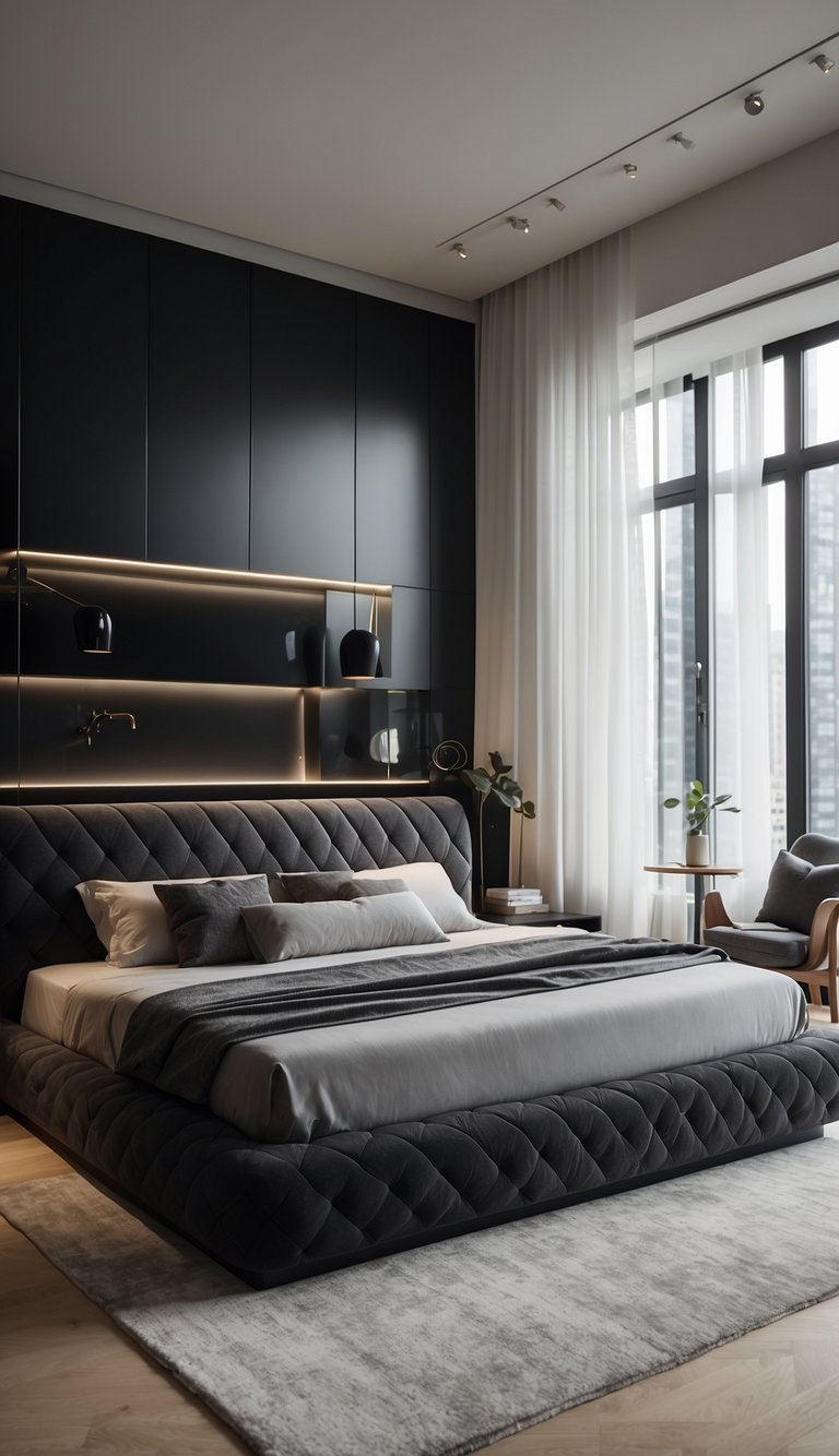 A sleek black platform bed with a padded headboard sits in a modern bedroom, surrounded by 23 design inspirations