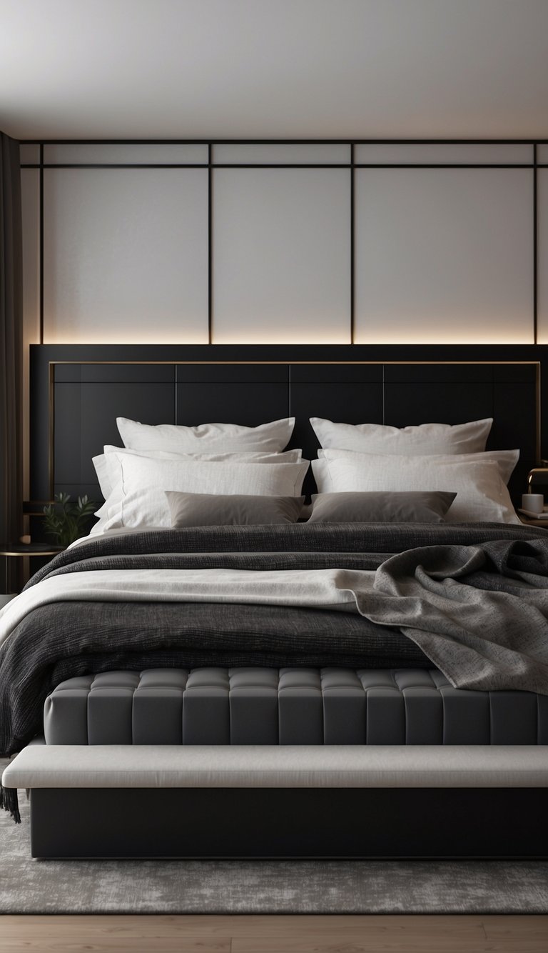 A sleek black bedframe sits in a minimalist bedroom, with clean lines and simple decor. The room exudes a modern and sophisticated atmosphere