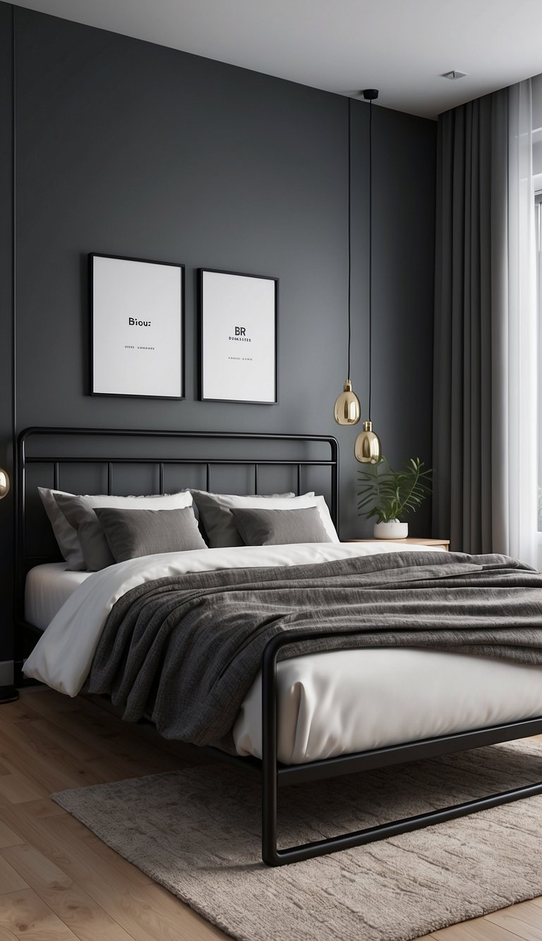 A sleek black metal bed frame stands in a modern bedroom, surrounded by minimalist decor and clean lines