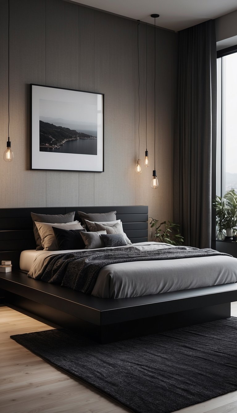 A sleek black wooden bed frame stands in a modern bedroom, surrounded by 23 black decor ideas