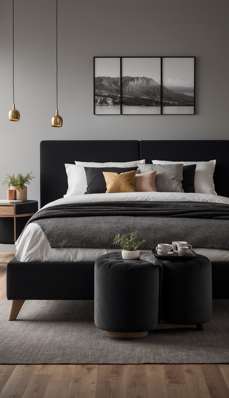 A black bed with a curved headboard sits in a minimalistic bedroom, surrounded by 23 different design ideas for black bedframes