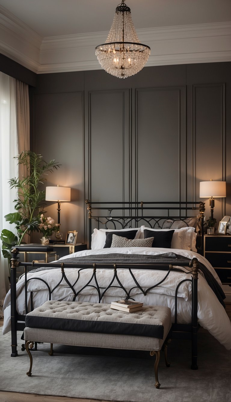 An elegant wrought iron bed with a black bedframe stands in a stylish bedroom, surrounded by 23 inspiring decor ideas