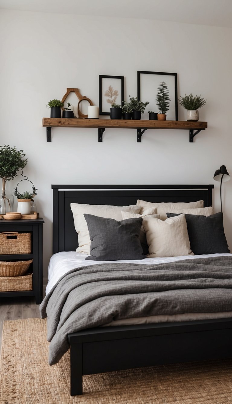 A rustic black farmhouse bed sits in a cozy bedroom with warm lighting and minimal decor. The bedframe features simple, clean lines, and the room exudes a sense of modern simplicity