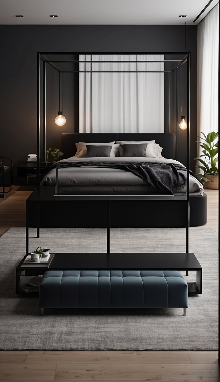 A sleek black canopy bed sits in a modern bedroom, surrounded by minimalist decor and soft lighting