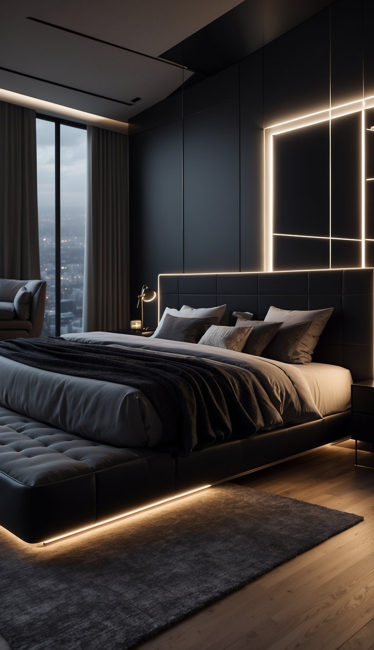 A sleek black bed with LED lighting, set against a minimalist bedroom backdrop