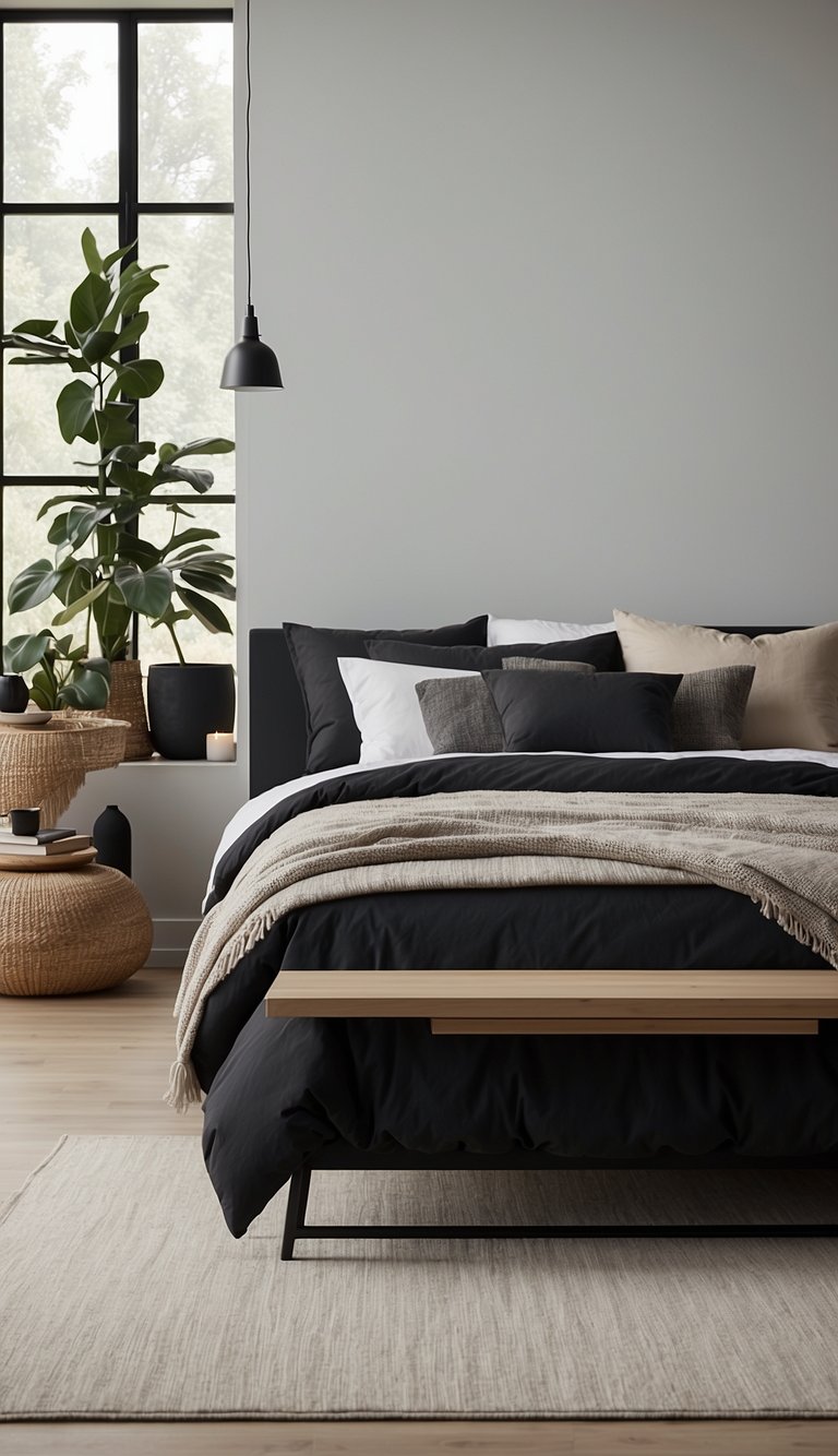 A minimalist black bedframe sits in a spacious Scandinavian-style bedroom, adorned with clean lines, neutral colors, and natural materials