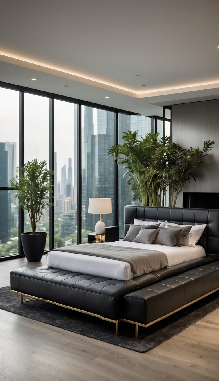 A leather-padded bed frame stands in the center of a spacious, modern bedroom. The black frame exudes elegance and sophistication, with clean lines and a sleek, minimalist design