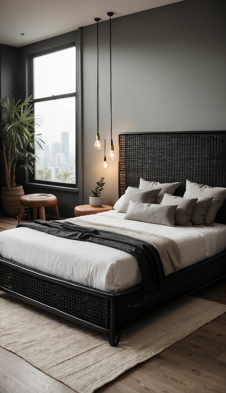 A black rattan bed sits in a modern bedroom with minimalist decor and soft lighting