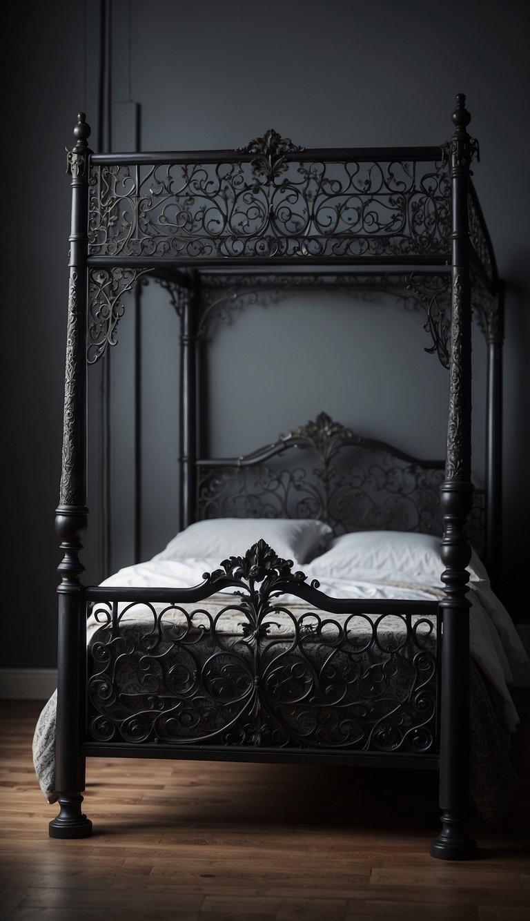 A black metal bedframe with intricate Victorian details stands in a dimly lit bedroom. The room is adorned with dark, gothic decor, creating a moody and dramatic atmosphere