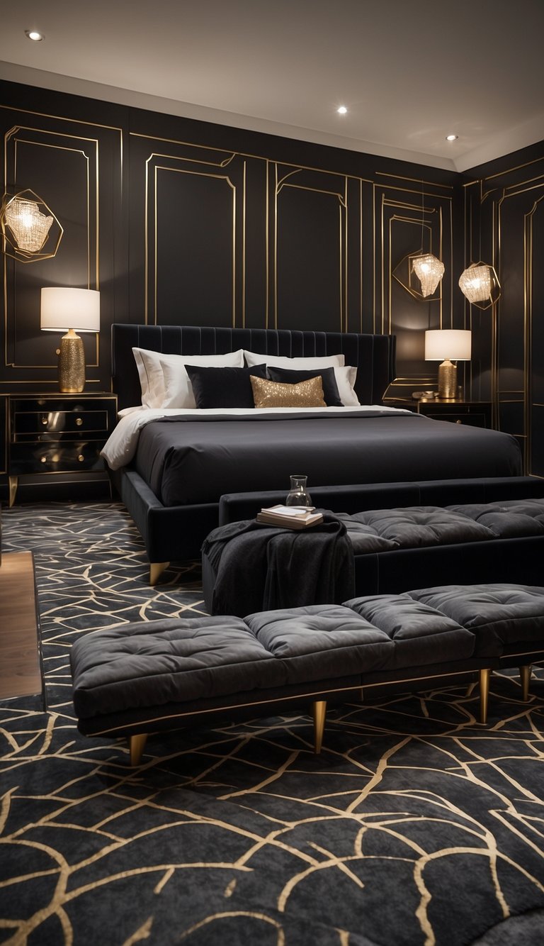 A sleek black bedframe stands in a stylish Art Deco bedroom, with geometric patterns and luxurious textures creating a sophisticated atmosphere