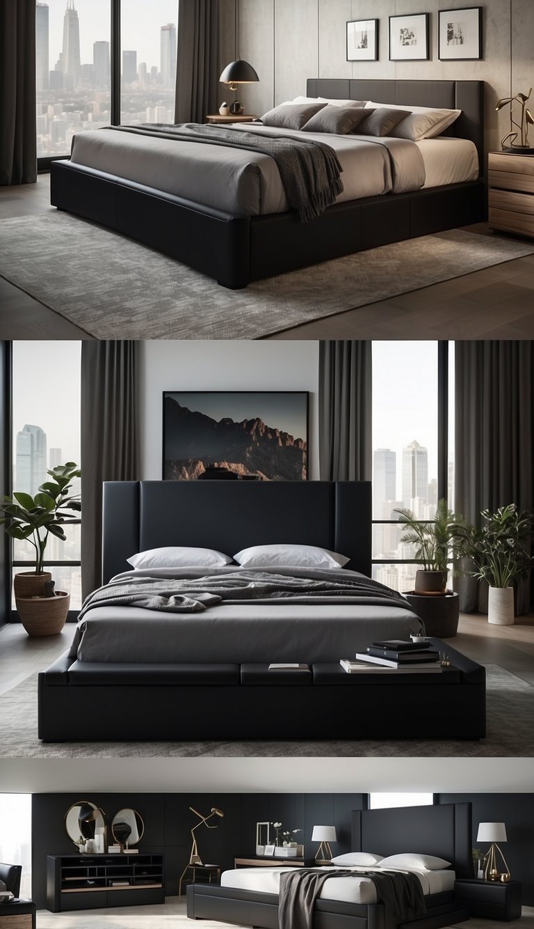 A sleek matte black bed with built-in storage drawers stands as the centerpiece of a modern bedroom, surrounded by minimalist decor and clean lines