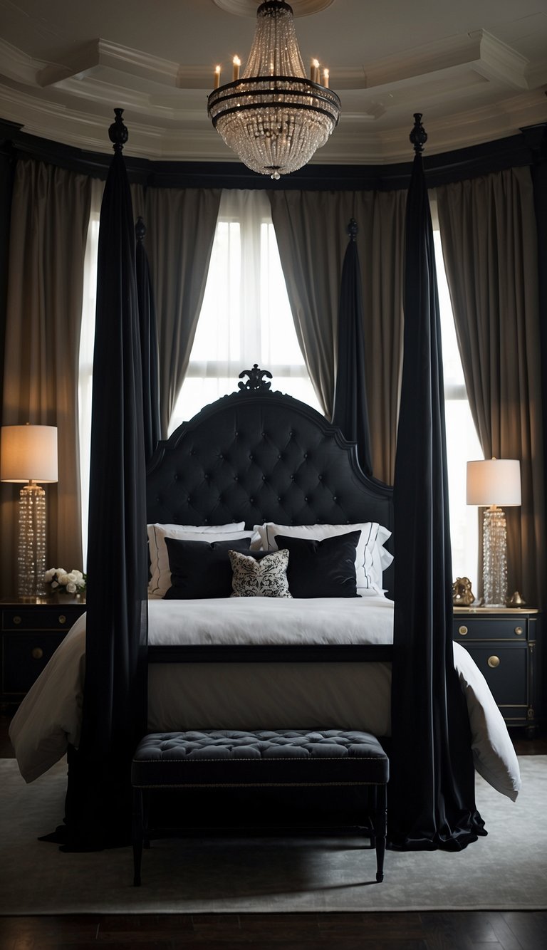 A black four-poster bed sits in a dimly lit bedroom, draped with sheer curtains. The room is decorated with modern black bedframe bedroom ideas