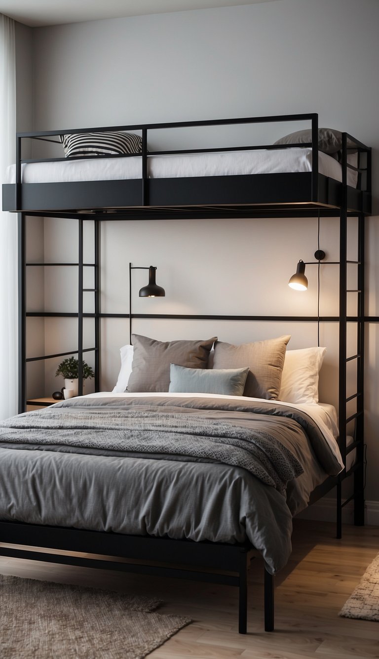 A sleek black loft bed frame sits in a modern bedroom with minimalist decor and soft lighting