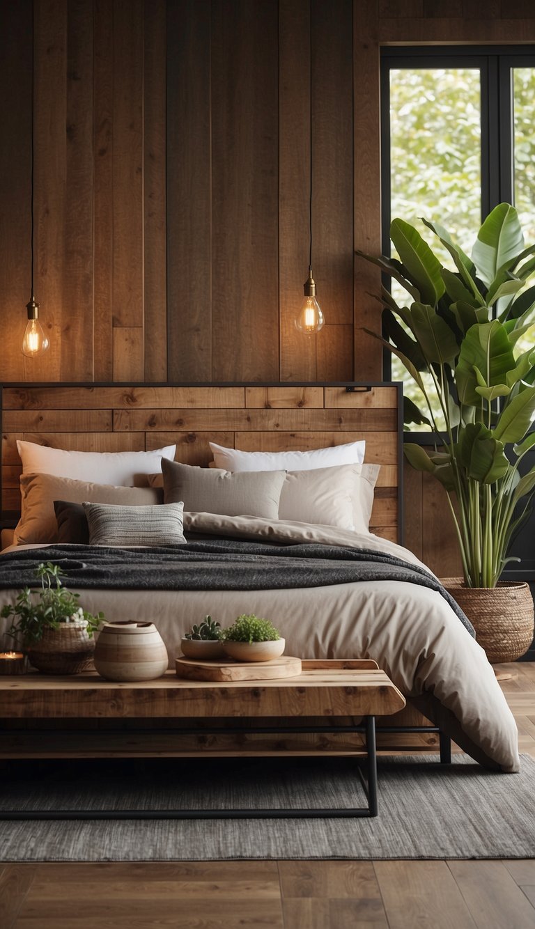 A rustic bedframe made of reclaimed wood and metal stands in a cozy bedroom, surrounded by warm, inviting decor