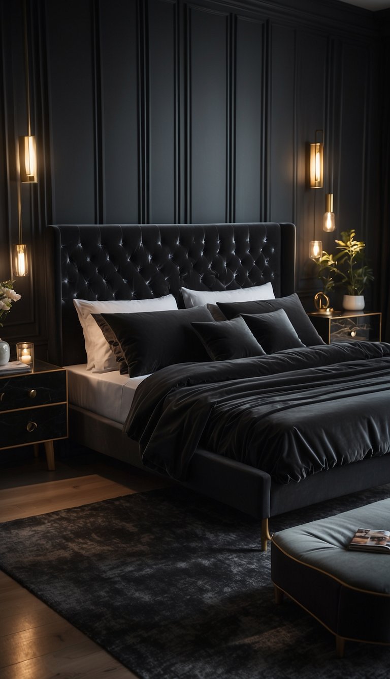 A black bed with velvet upholstery sits in a dimly lit bedroom, surrounded by 23 different design ideas for a black bedframe