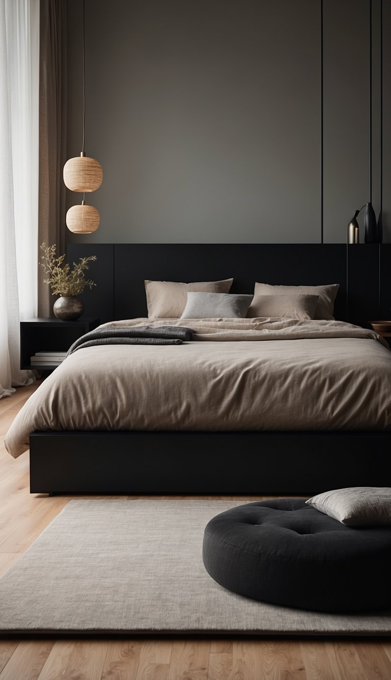 A simple, low-profile bed with a sleek black bedframe sits in a minimalist bedroom, surrounded by Japanese-inspired decor and soft, ambient lighting