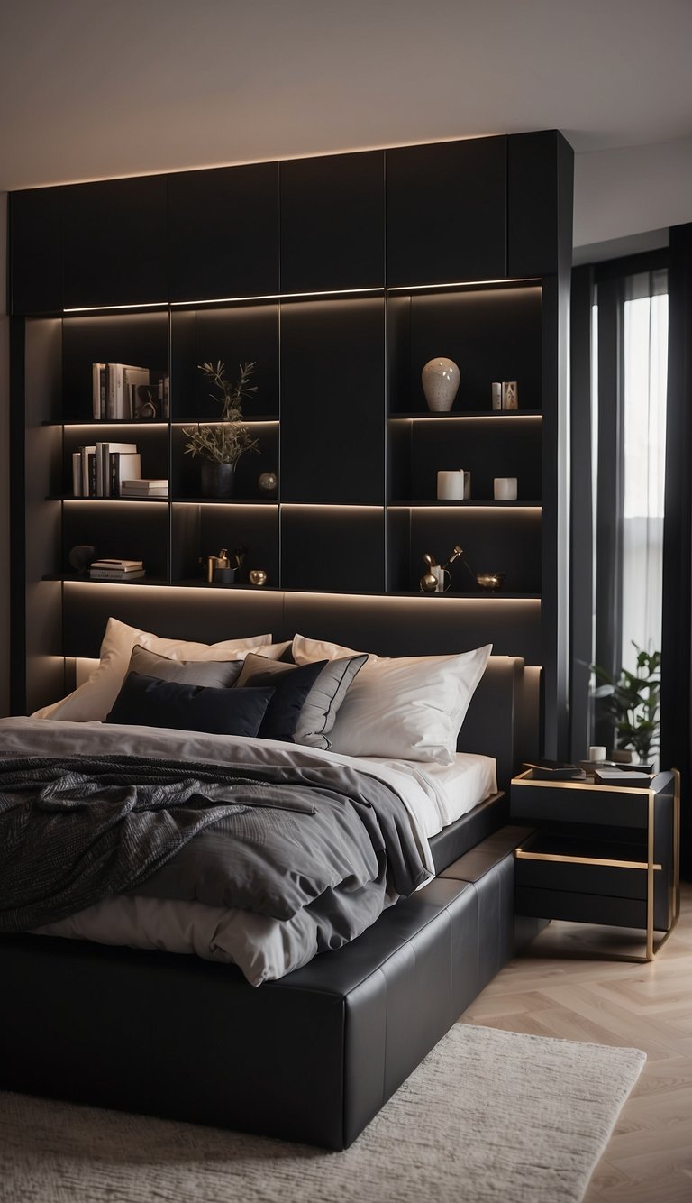 A black bed with built-in shelves stands in a modern bedroom, surrounded by minimalist decor and soft lighting