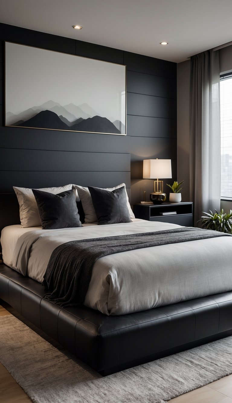 A sleek black platform bed sits in a modern bedroom, surrounded by minimalist decor and clean lines. The room exudes a sophisticated and contemporary atmosphere