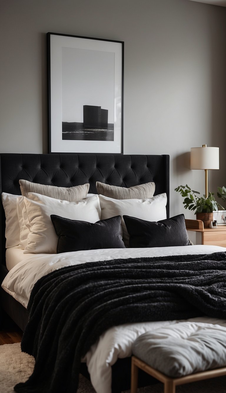 A sleek black bedframe stands against a white wall, adorned with plush pillows and a cozy throw blanket. The room is illuminated by soft, warm lighting, creating a tranquil and inviting atmosphere