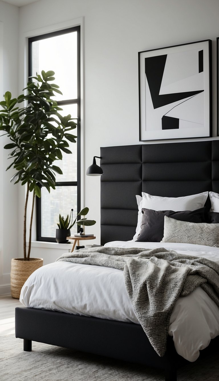 A sleek black bedframe stands in a minimalist bedroom with white walls and crisp linens. A modern lamp and geometric artwork complete the look