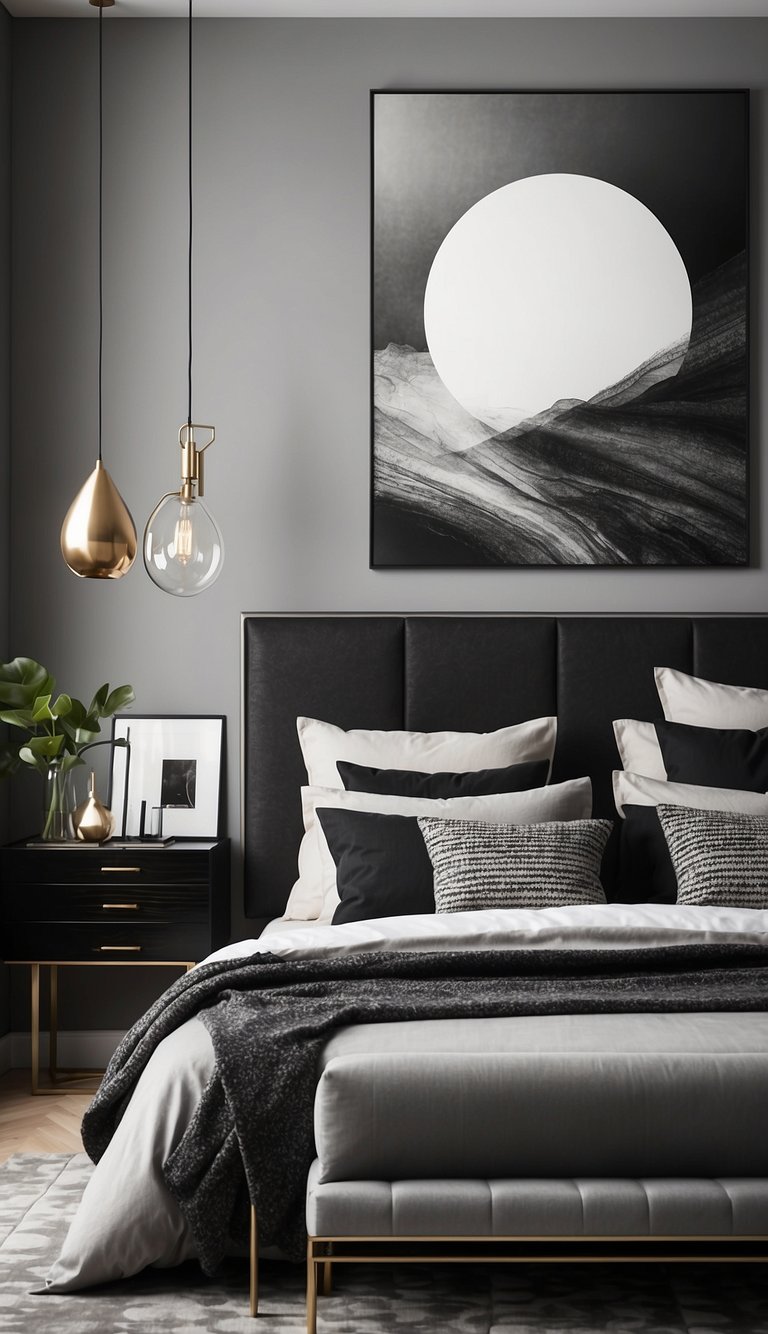 A bedroom with monochrome wall art in black, white, and grey. Subtle patterns and abstract designs create a modern and sophisticated atmosphere