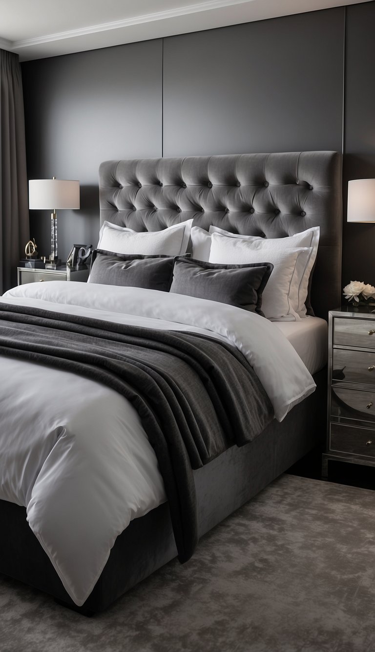 A grey velvet headboard stands against a wall in a monochrome bedroom, with black, white, and grey accents throughout