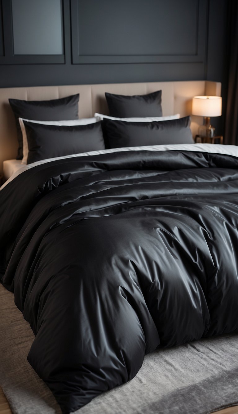 A black satin duvet covers a king-sized bed in a modern bedroom with black, white, and grey decor