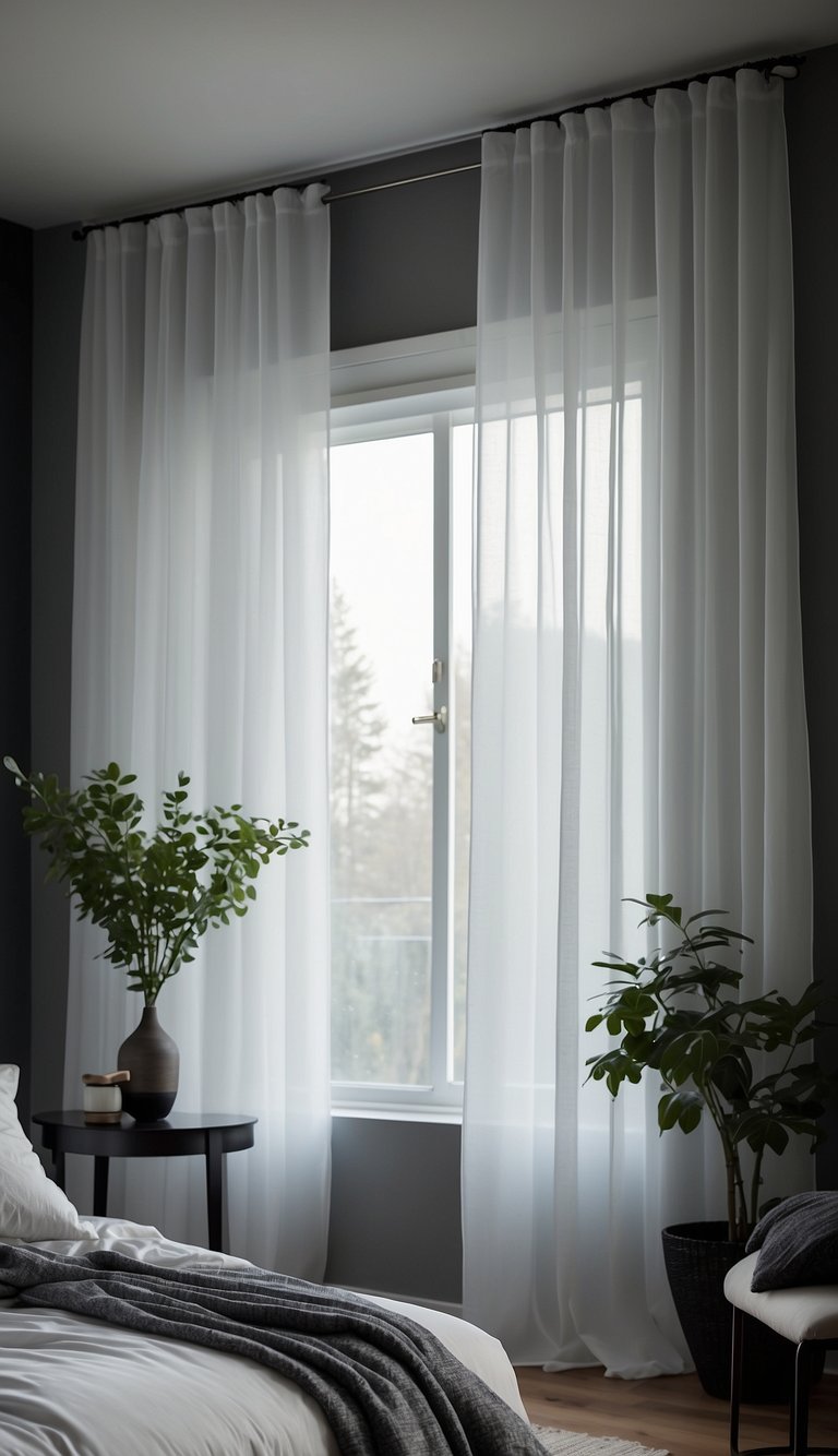 White sheer curtains hang in a serene bedroom with a color palette of black, white, and grey