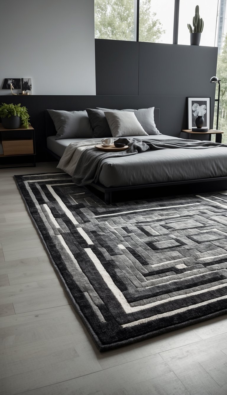 A grey geometric rug lies in the center of a modern black, white, and grey bedroom, adding a sleek and contemporary touch to the space