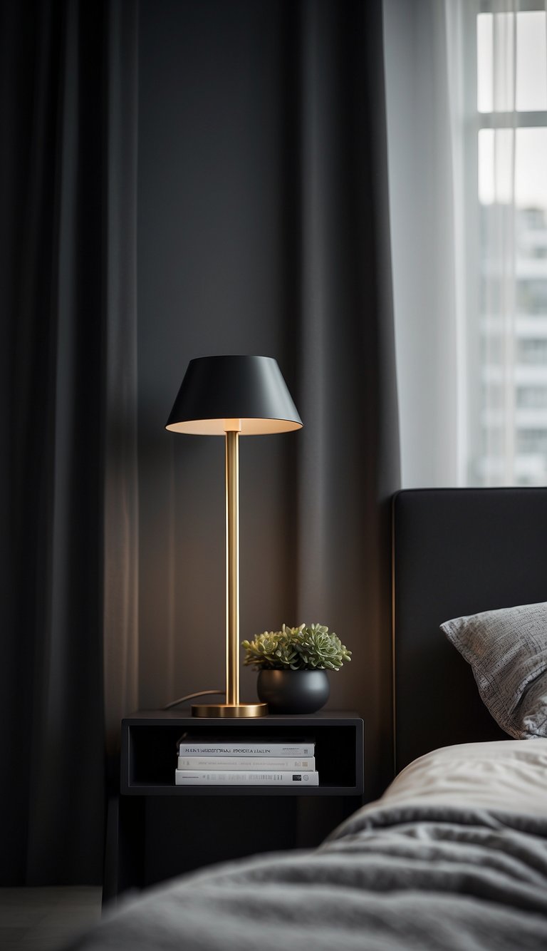 A black bedside lamp illuminates a modern black, white, and grey bedroom, creating a sleek and sophisticated atmosphere