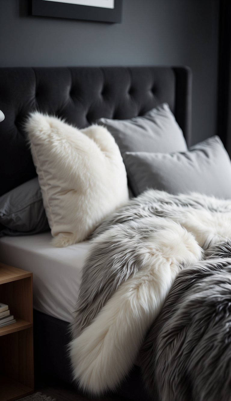 A cozy white fur throw pillow sits on a bed in a black, white, and grey bedroom, adding a touch of softness and texture to the modern decor