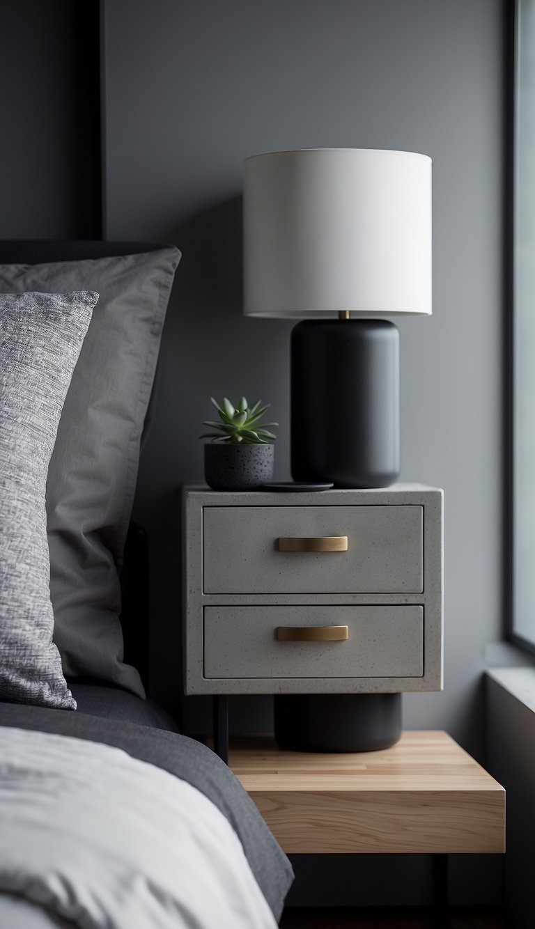 A grey concrete nightstand sits in a minimalist bedroom with black, white, and grey decor