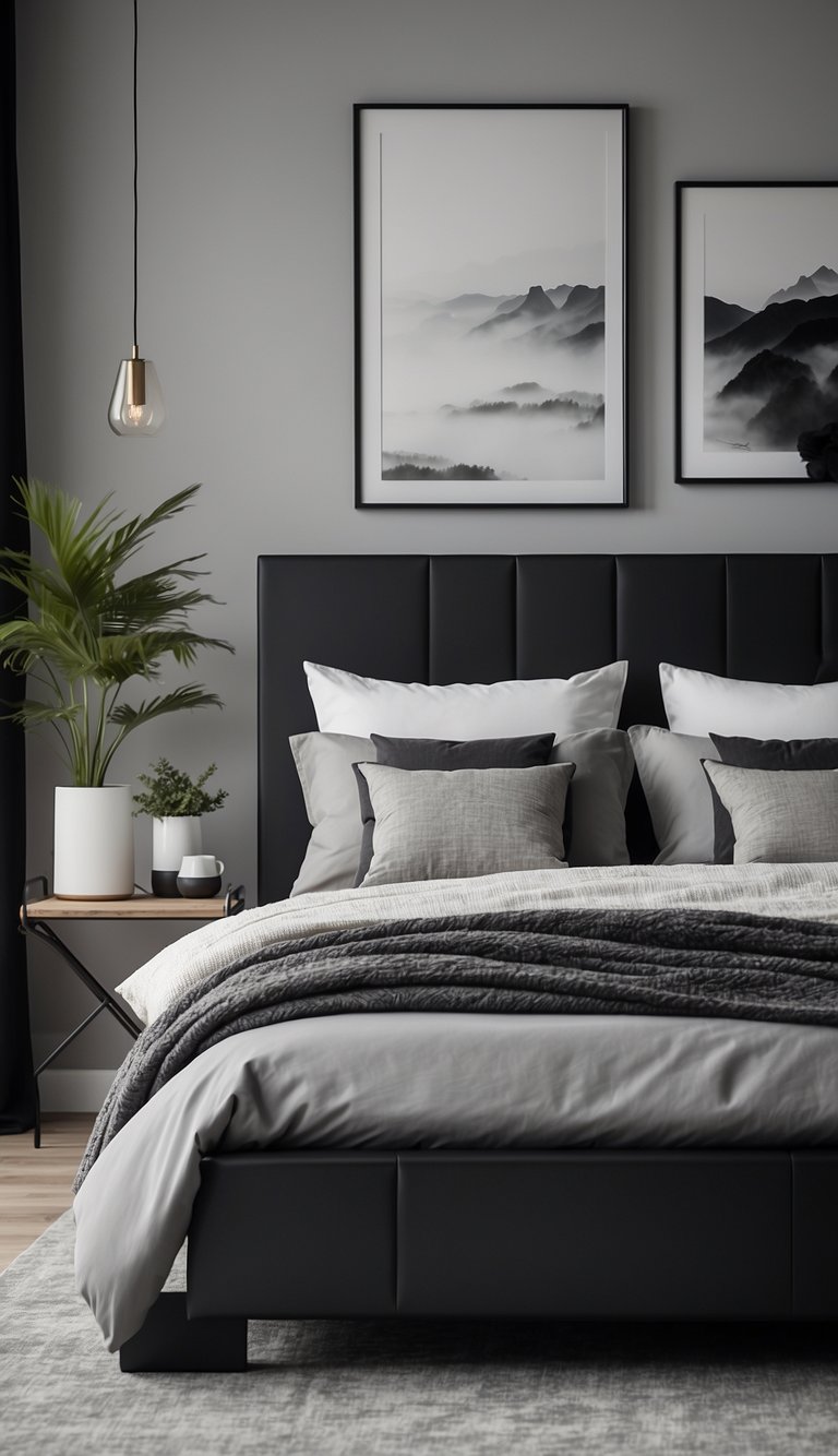 A sleek black metal bed frame stands in a modern, monochromatic bedroom with hints of white and grey